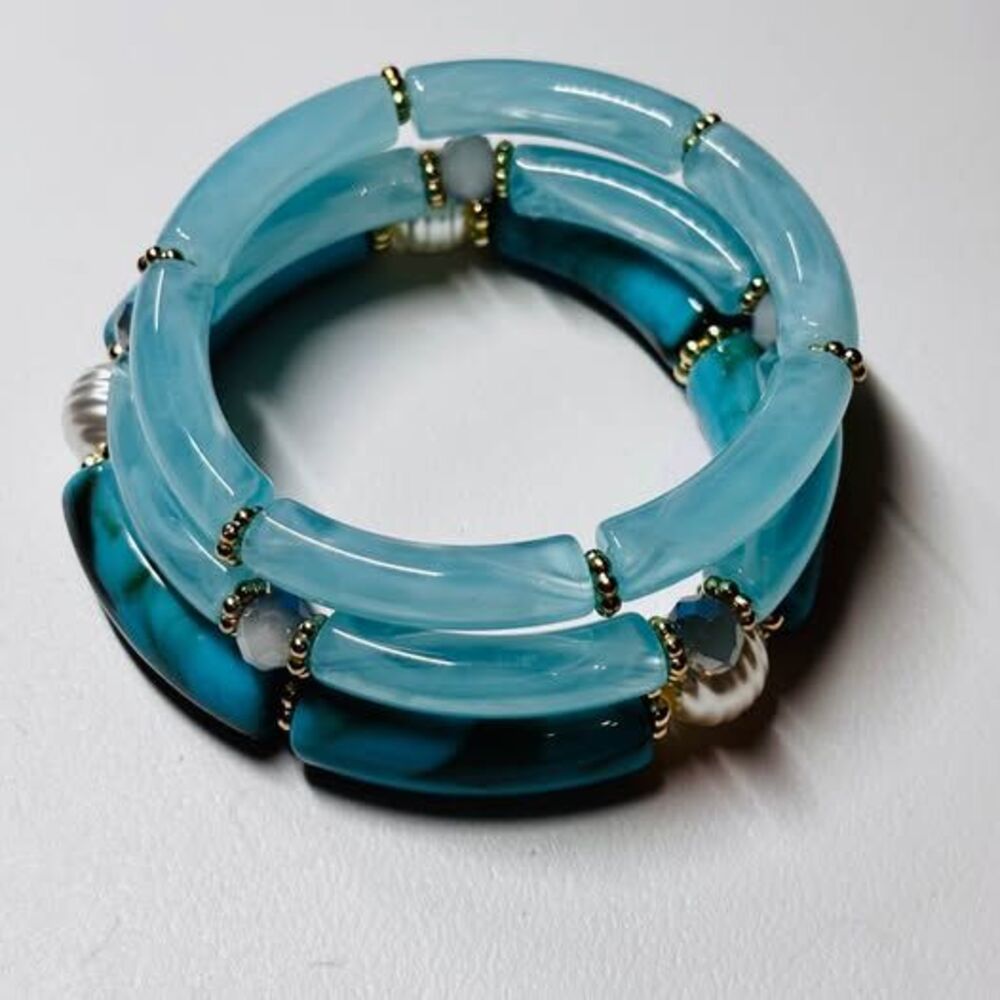 Chunky Blue Acrylic Bamboo Tube Stretch Bracelet Stack with Pearl & Gold Accents